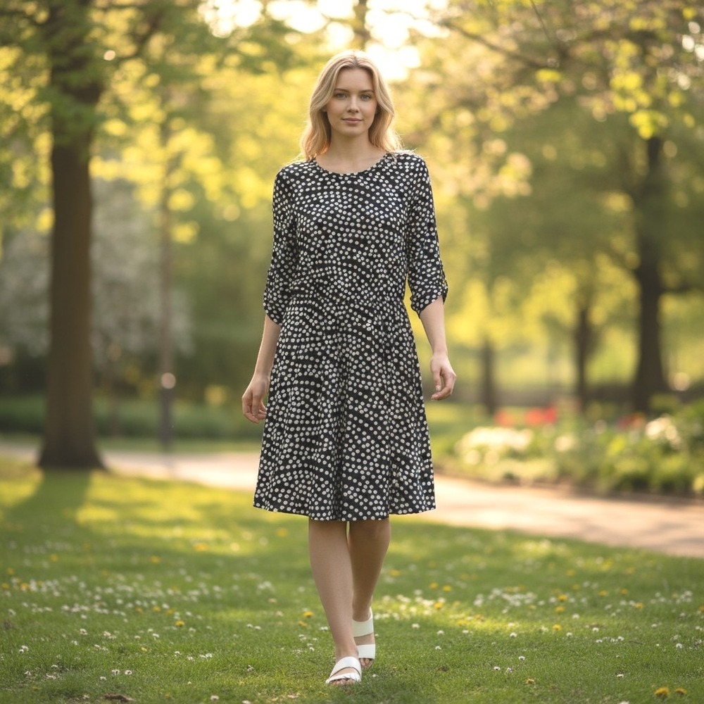 French Grey Black White Polka Dot 3/4 Sleeve Midi Dress Womens Size S